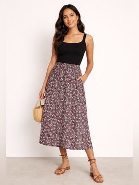 LOFT Black Midi Skirt with Red & Pink Floral Print